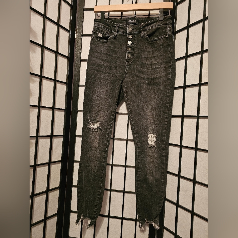 Judy‎ Blue Black Distressed Destroyed Raw Hem Skinny Jeans Size 28
